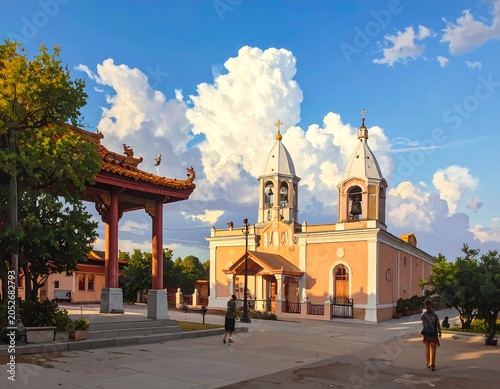Sunny day view of a church and traditional archway, with fluffy clouds in the background and people strolling by