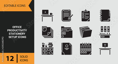 Office Stationery Collection for Organized Workplace Productivity Icons