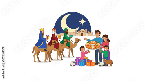 Bild auf Leinwand Three Kings Day Celebration: Family Receives Gifts and Rosca de Reyes from Magi