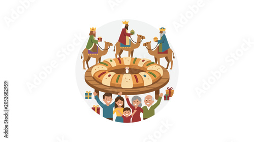Schilderij op canvas Three Kings Day Celebration: Family Shares Rosca de Reyes with Camels