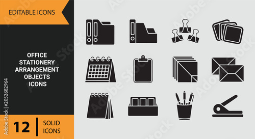 Office Stationery Arrangement and Workplace Organization Essentials Icons
