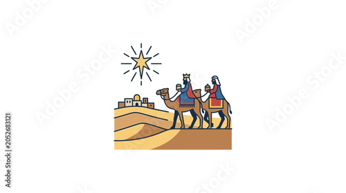 Foto Three Wise Men on Camels Following Star to Bethlehem Illustration