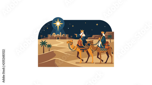 Bild auf Leinwand Three Wise Men on Camels Following Star to Bethlehem City