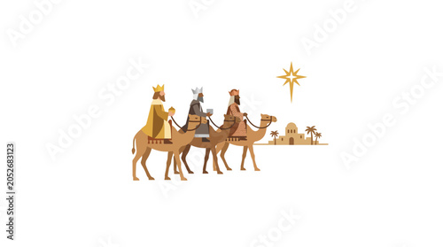 Schilderij op canvas Three Wise Men on Camels Following Star to Bethlehem Nativity Scene