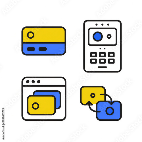 Digital banking and finance system vector icons, credit card, ATM, payment gateway, money transfer, modern fintech design isolated white background
