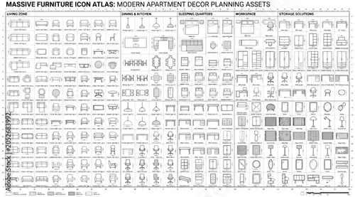Schilderij op canvas Massive furniture icon atlas for modern apartment decor planning and interior de
