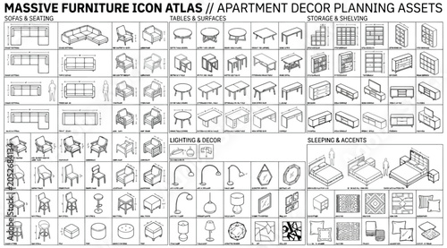 Картината върху платно Massive furniture icon atlas for apartment decor planning and interior design el