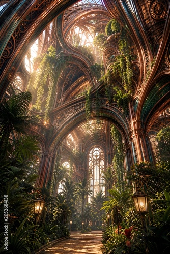 Futuristic gothic greenhouse interior with lush green plants