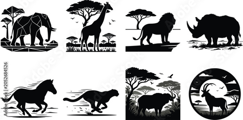 Photography African safari wild animals silhouette set featuring elephant giraffe lion rhino