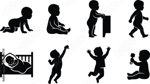 Baby development milestone silhouettes set featuring infant crawling sitting standing walking sleeping in crib jumping and playing with rattle