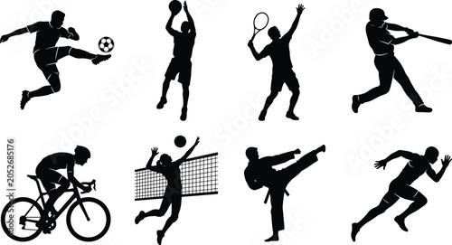 Collection of professional sports black silhouettes including soccer basketball tennis baseball cycling volleyball karate and running isolated on white background