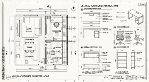 Foto Detailed furniture specifications and floor plan for a modern apartment layout