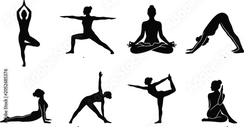 Collection of women yoga poses black silhouettes including lotus position tree pose downward dog and warrior isolated on white background