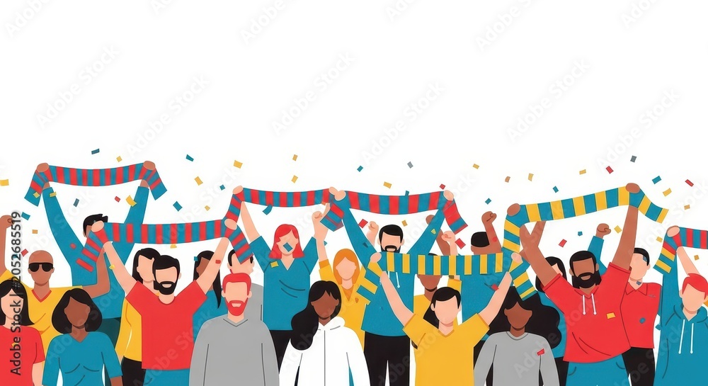 Obraz premium Diverse Group of Happy Sports Fans Cheering and Holding Scarves at a Stadium Event. Flat Vector Illustration of a Crowd Celebrating.