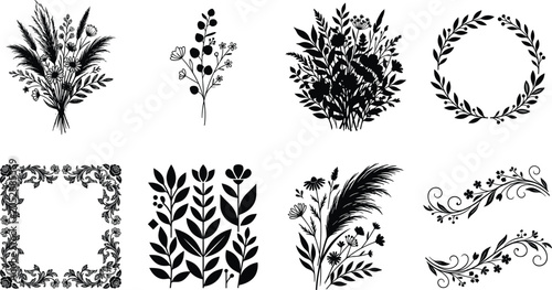 Elegant botanical silhouettes collection with floral bouquets wreaths borders and pampas grass vector illustrations for wedding invitations