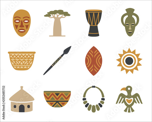 Authentic Traditional African Tribal Art Design Elements and Ethnic Cultural Icon Vector Set