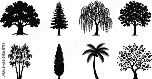 Tree silhouettes set featuring oak pine weeping willow maple birch cypress palm tree and blooming cherry blossom icons