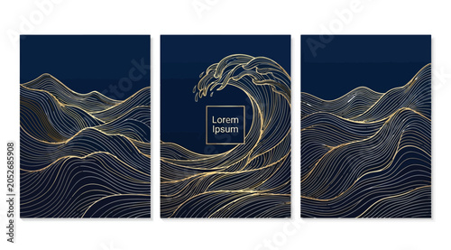 Photos Set of three abstract posters with golden wave lines on dark blue background, tr