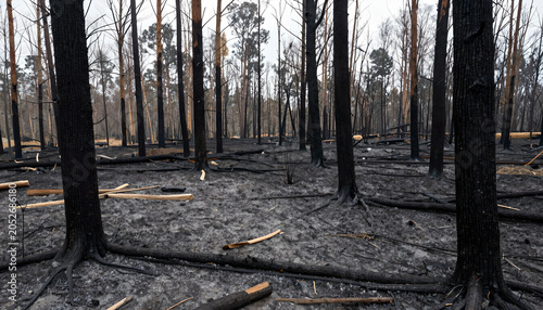 Burned Forest Aftermath with Charred Tree Trunks: Environmental Impact