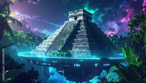 Mysterious ancient Mayan temple pyramid jungle.