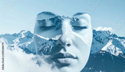 Serene mountain landscape with human face.