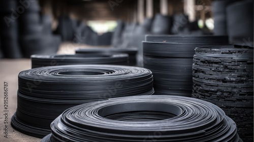 Stacks of raw rubber sheeting in an industrial processing facility awaiting manufacturing and production
