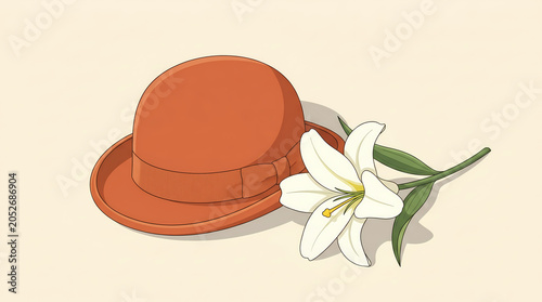 Orange sun hat with white lily flower