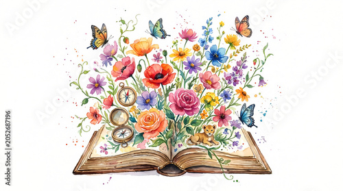 Watercolor flowers blooming from open book