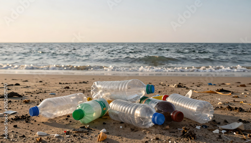 Polluted Beach with Plastic Bottles Highlighting Environment Problems