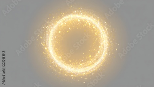 Golden glowing circular light portal made of shimmering particles on a clean grey background with soft illumination, particles