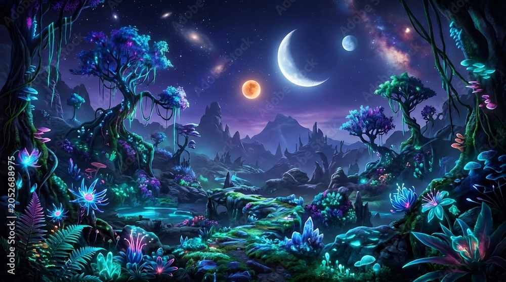 Fototapeta premium Enchanting Alien Forest Landscape Under a Crescent Moon and Stars.