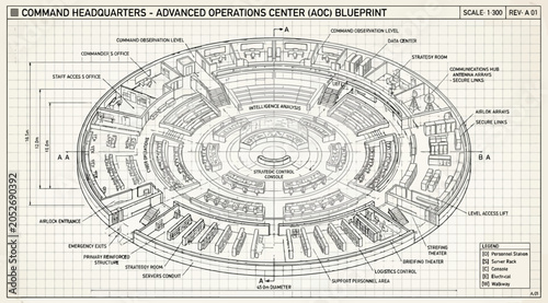 Bild auf Leinwand Advanced operations center command headquarters blueprint with circular layout a