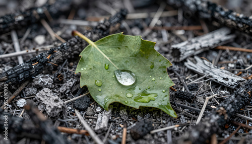 Green Leaf With Water Droplet Amid Charred Debris: Resilience