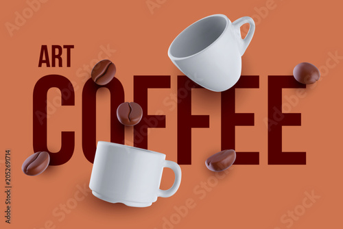 Stylized coffee themed banner design featuring bold typography with flying 3D ceramic cups and roasted coffee beans scattered on warm brown background.