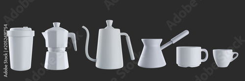 Photos Minimalist row of white clay 3D vector illustration for coffee preparation isolated on dark background, showcasing tumbler, moka pot, gooseneck kettle, cezve and cups