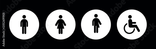 Gender neutral restroom signs set inversion. All gender neutral toilet icons collection. Vector flat solid pictogram on black circle for web, mobile app, office, mall.