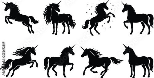 фотографія Black unicorn silhouette collection featuring dynamic jumping galloping rearing