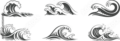 Quadro su tela Ocean wave silhouette collection, dynamic sea surf curls and marine water splash