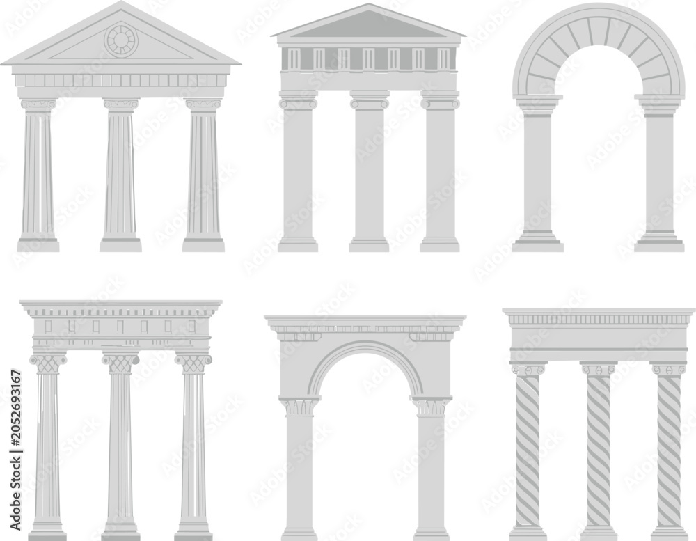 Fototapeta premium Classical architectural columns and arches set, ancient Greek Roman stone facade elements collection