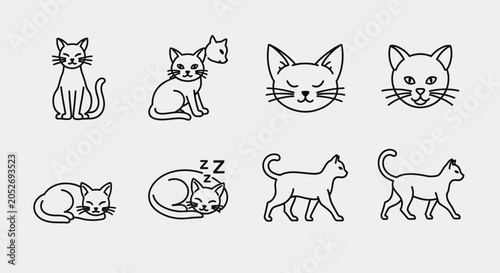 Bild auf Leinwand Cute Cat Icons Set: Sitting, Sleeping, Walking, Faces - Simple Line Art