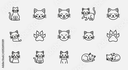 Fotografie Cute Cat Icons Set, Line Art, Simple Pet Illustrations, Paw Prints