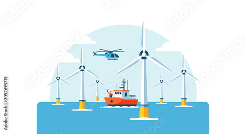 Quadro em tela Offshore wind farm with helicopter and service boat, renewable energy concept