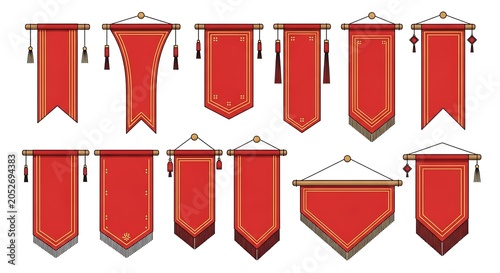 Set of traditional red hanging banners with golden trim and tassels, decoration