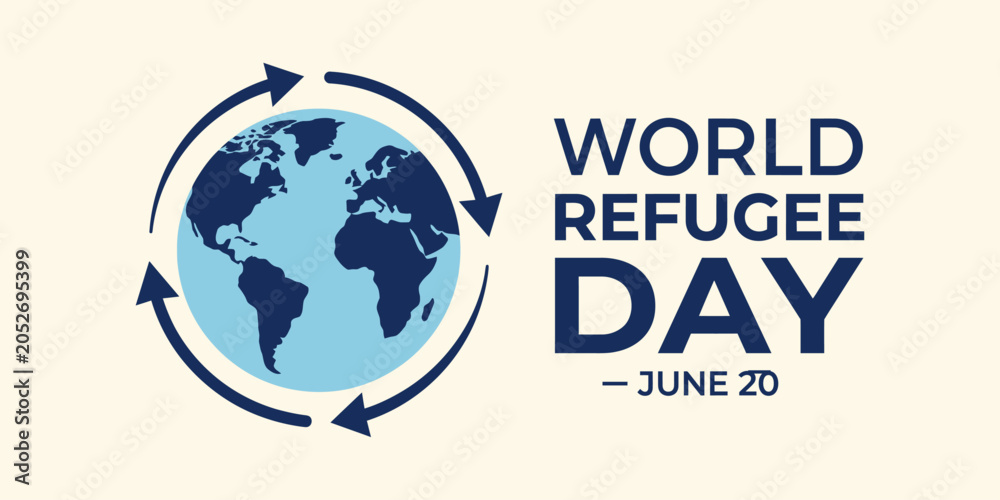 Fototapeta premium World refugee day june 20 vector typography banner with earth globe and circular rotation arrows for global awareness template