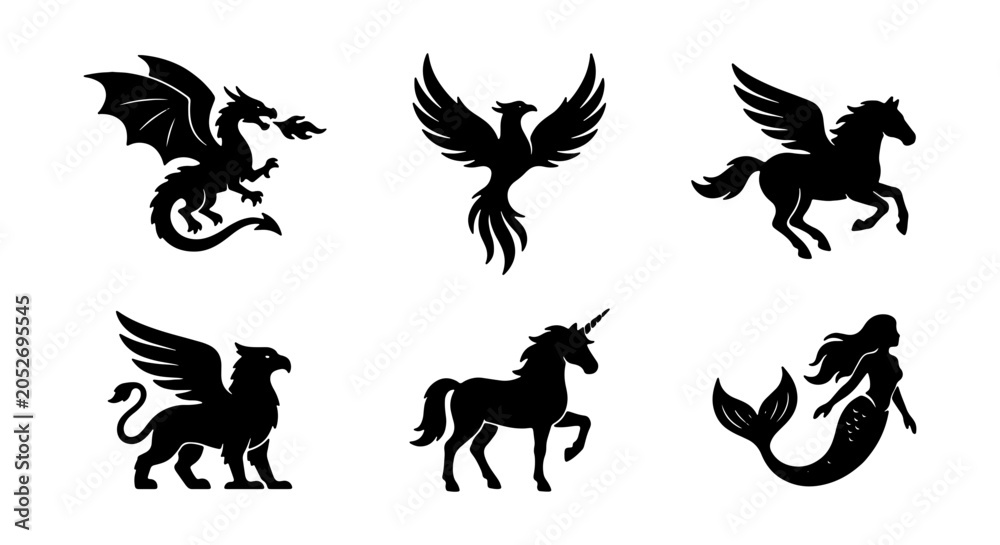 Obraz premium Mythical Creature Silhouettes: Dragon, Phoenix, Pegasus, Unicorn, Mermaid, Griffin Icons