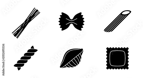 Italian Pasta Shapes Vector Icons, Spaghetti, Farfalle, Penne, Fusilli, Conchiglie, Ravioli