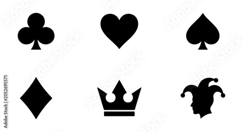 Black Playing Card Suits, Crown, and Jester Icons, Vector Graphics for Games and Design