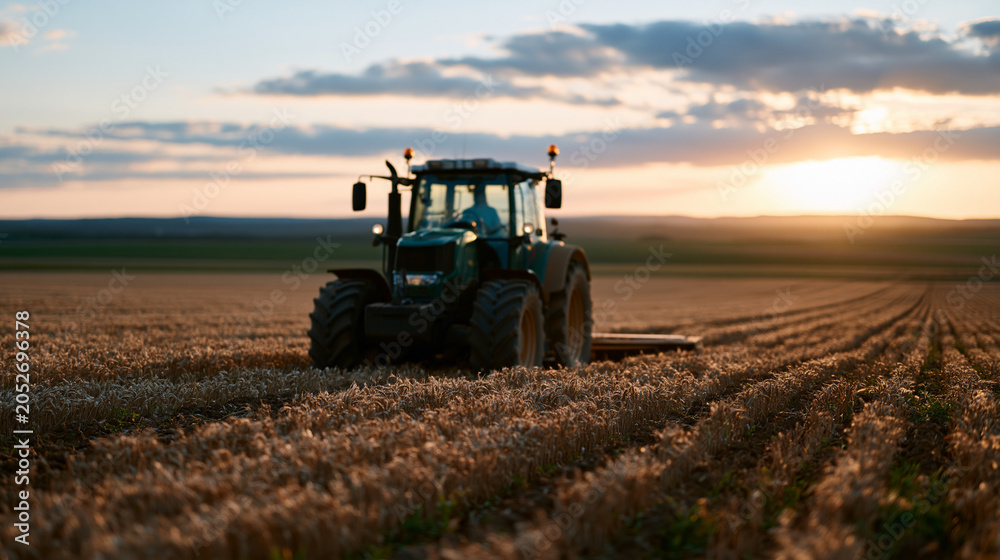 Obraz premium Self-driving agricultural tractor executing precise GPS-guided row cultivation across vast wheat field at dawn, empty desolate farmland horizon, autonomous farming precision