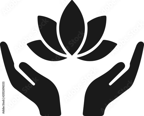 Lotus flower in hands wellness icon. Vector.