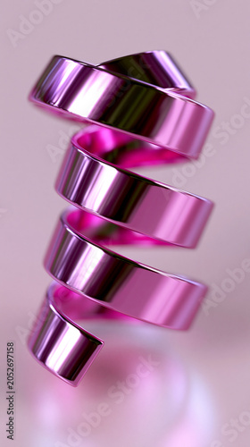 Abstract close-up of glossy pink chrome rings arranged in a spiral formation on a pastel background with reflective metallic surfaces.
